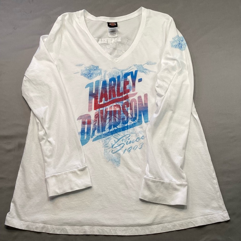 Harley-Davidson Women’s 1X White V Neck Long Sleeve Graphic Shirt Motorcycle GUC
